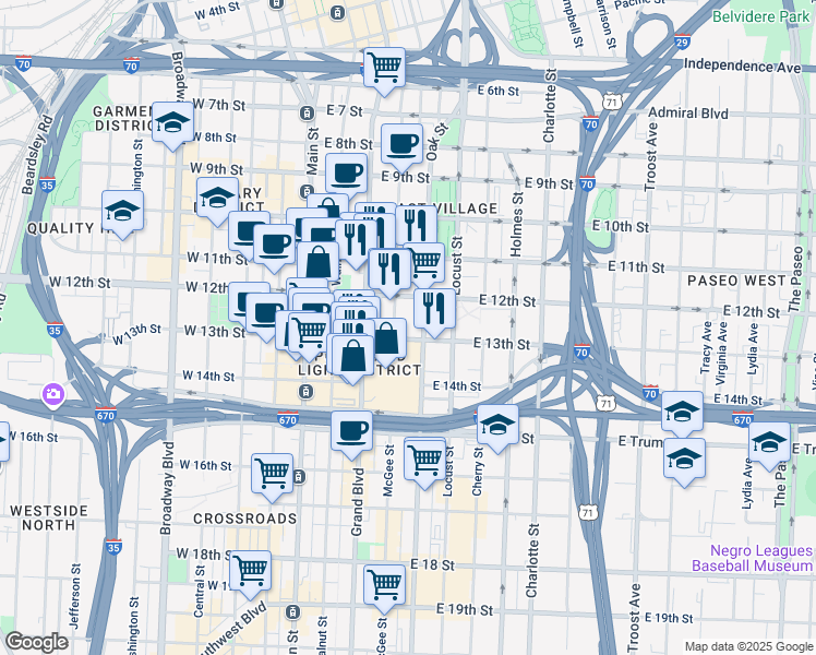 map of restaurants, bars, coffee shops, grocery stores, and more near 1200 Oak Street in Kansas City