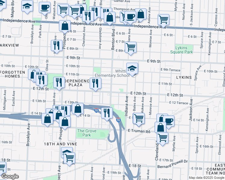 map of restaurants, bars, coffee shops, grocery stores, and more near 3200 East 12th Street in Kansas City