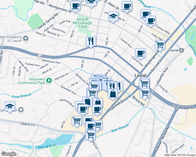 map of restaurants, bars, coffee shops, grocery stores, and more near 404 Marshall Court in Laurel