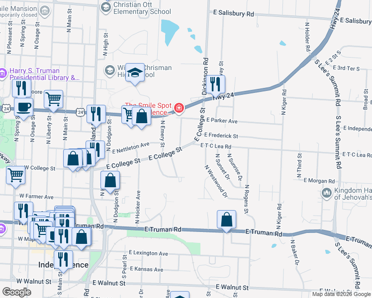 map of restaurants, bars, coffee shops, grocery stores, and more near 906 North Strode Street in Independence