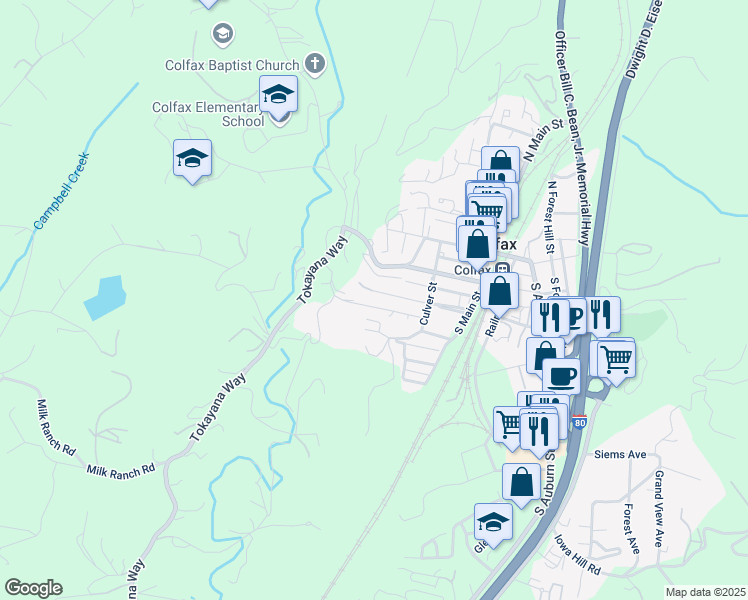 map of restaurants, bars, coffee shops, grocery stores, and more near 235 Scholtz Avenue in Colfax