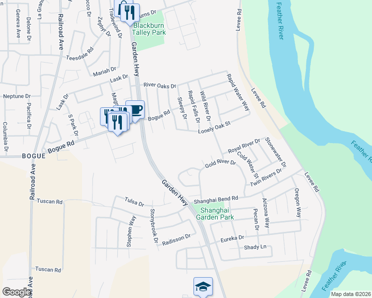 map of restaurants, bars, coffee shops, grocery stores, and more near 2050 Wild River Drive in Yuba City