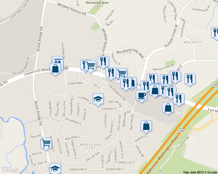 map of restaurants, bars, coffee shops, grocery stores, and more near 3492 Old Annapolis Rd in Laurel