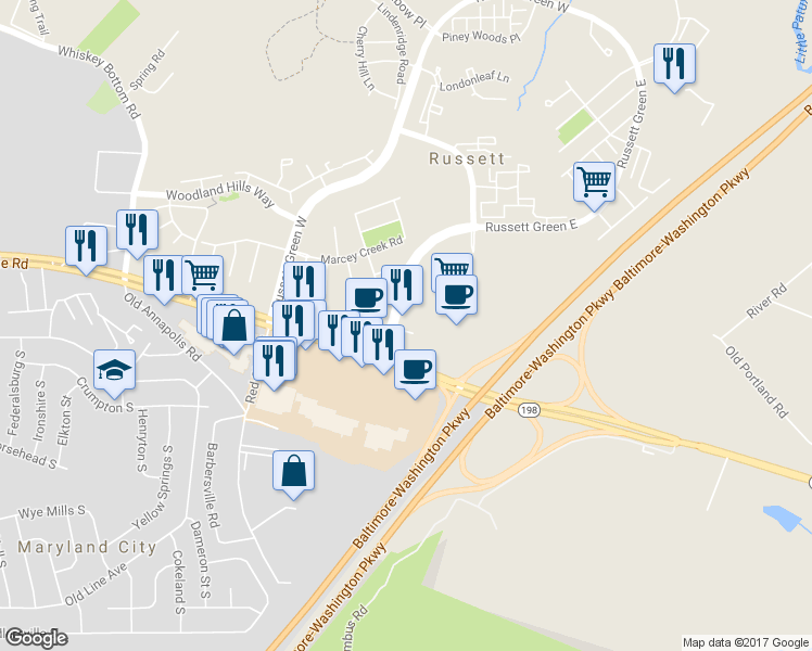 map of restaurants, bars, coffee shops, grocery stores, and more near 3563 Russett Green in Laurel