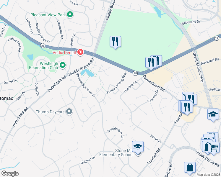 map of restaurants, bars, coffee shops, grocery stores, and more near 10540 Smithy Court in North Potomac