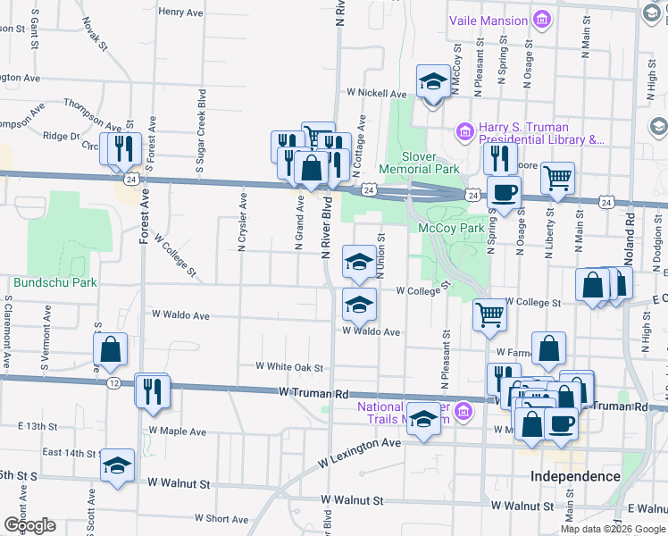 map of restaurants, bars, coffee shops, grocery stores, and more near 722 North Cottage Avenue in Independence