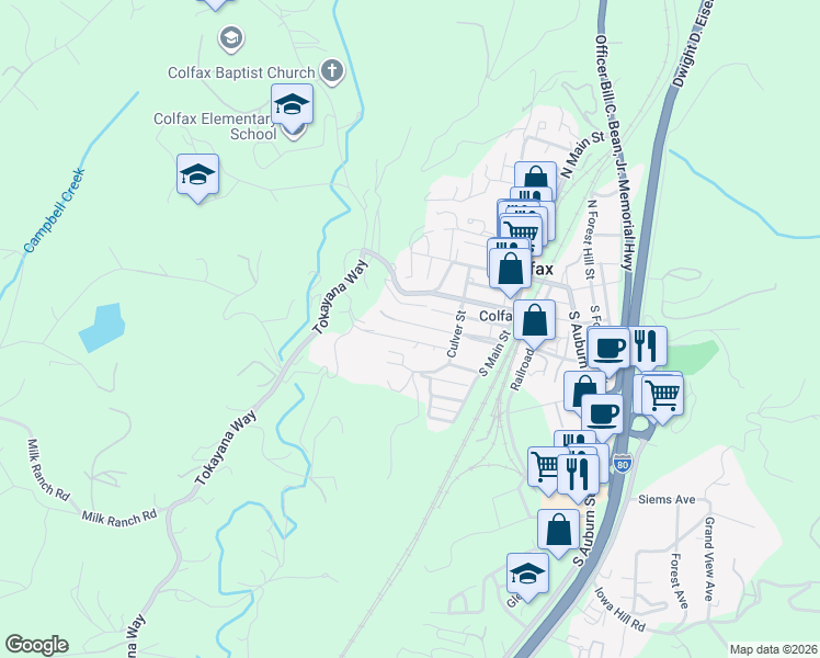 map of restaurants, bars, coffee shops, grocery stores, and more near 235 Scholtz Avenue in Colfax