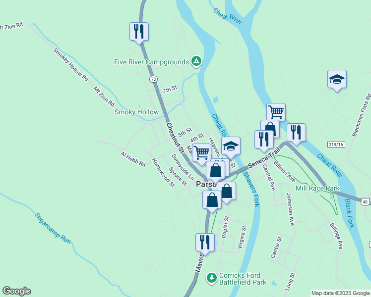 map of restaurants, bars, coffee shops, grocery stores, and more near 307 Main Street in Parsons