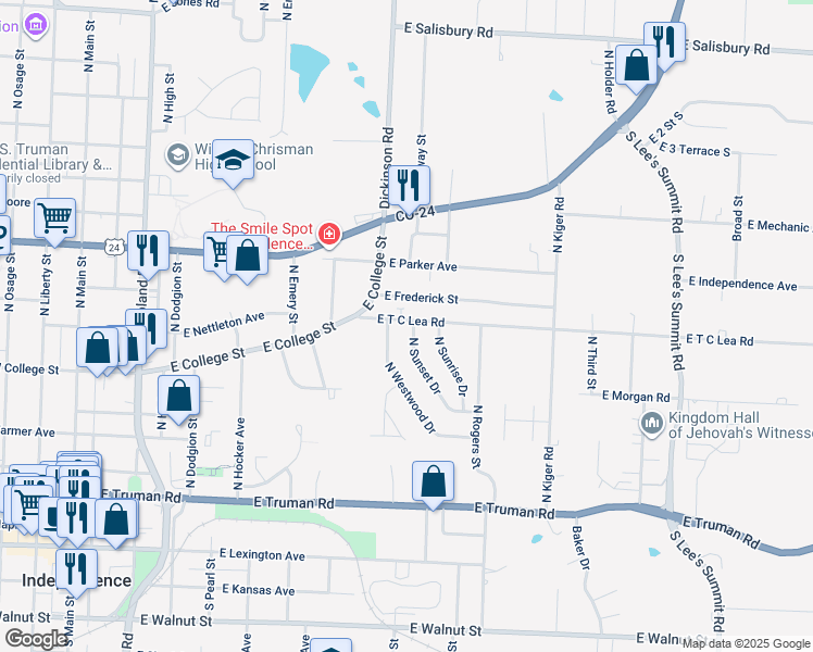 map of restaurants, bars, coffee shops, grocery stores, and more near 724 North Sunset Drive in Independence