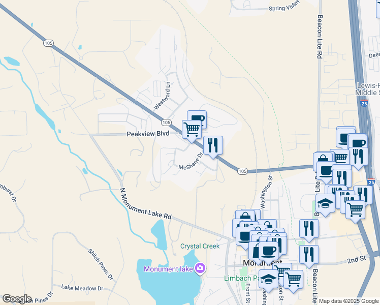 map of restaurants, bars, coffee shops, grocery stores, and more near 2805 Roberts Drive in Monument