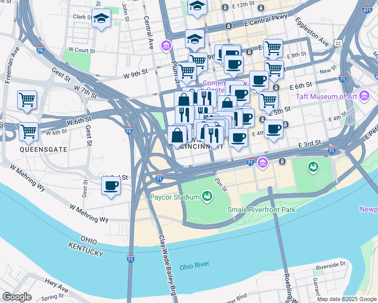 map of restaurants, bars, coffee shops, grocery stores, and more near 305 West 4th Street in Cincinnati