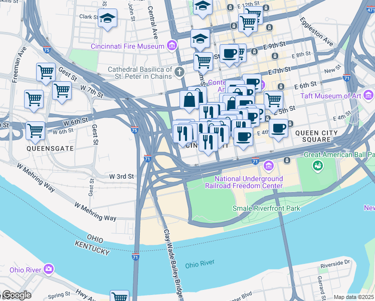 map of restaurants, bars, coffee shops, grocery stores, and more near 305 West 4th Street in Cincinnati