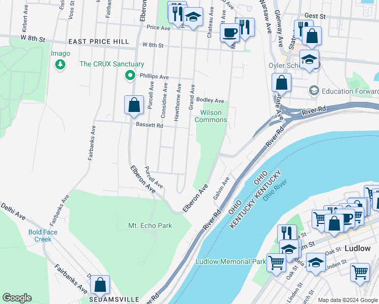 map of restaurants, bars, coffee shops, grocery stores, and more near 444 Grand Avenue in Cincinnati