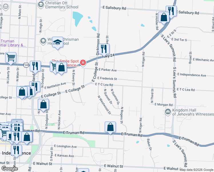 map of restaurants, bars, coffee shops, grocery stores, and more near 724 North Sunset Drive in Independence