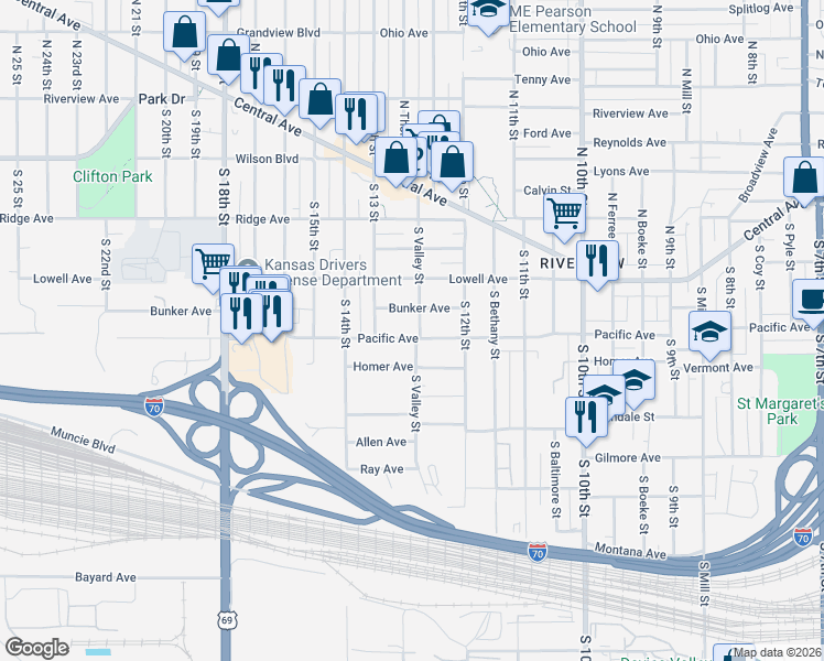 map of restaurants, bars, coffee shops, grocery stores, and more near 1256 Pacific Avenue in Kansas City
