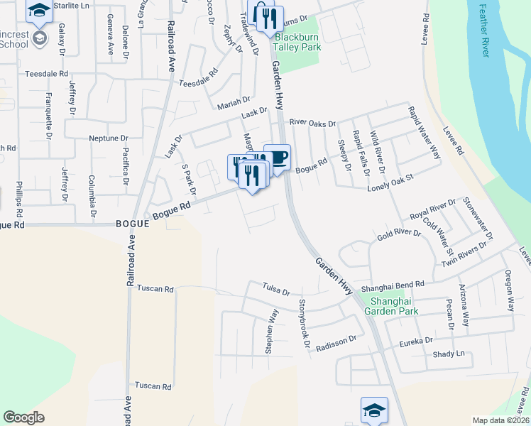 map of restaurants, bars, coffee shops, grocery stores, and more near 373 Mosburg Loop in Yuba City
