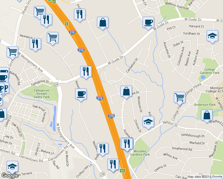 map of restaurants, bars, coffee shops, grocery stores, and more near 6 Hawthorn Court in Rockville