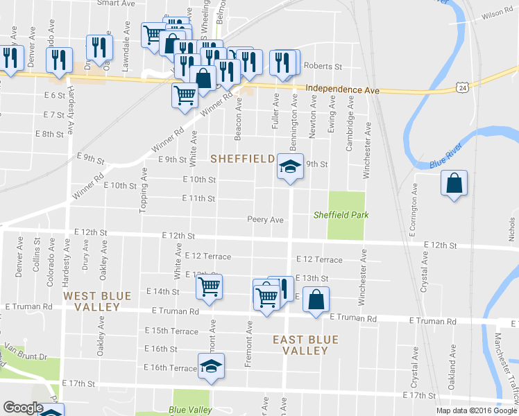 map of restaurants, bars, coffee shops, grocery stores, and more near 1111 Fremont Avenue in Kansas City