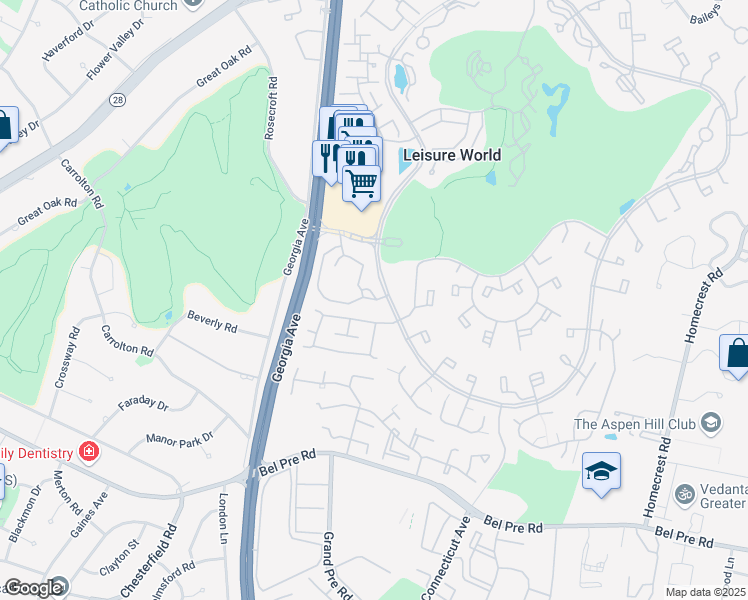 map of restaurants, bars, coffee shops, grocery stores, and more near 15000 Pennfield Circle in Silver Spring