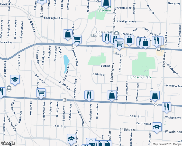 map of restaurants, bars, coffee shops, grocery stores, and more near 822 South Carlisle Avenue in Independence