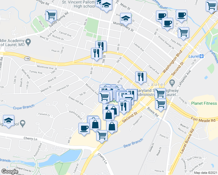 map of restaurants, bars, coffee shops, grocery stores, and more near 404 Marshall Court in Laurel