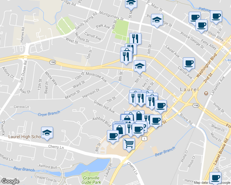 map of restaurants, bars, coffee shops, grocery stores, and more near 702 Montrose Avenue in Laurel