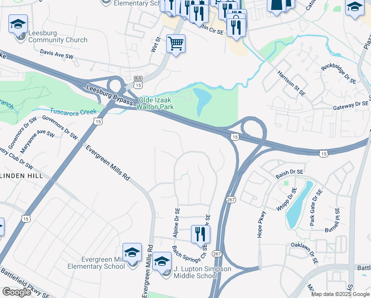 map of restaurants, bars, coffee shops, grocery stores, and more near 102 Max Court Southeast in Leesburg