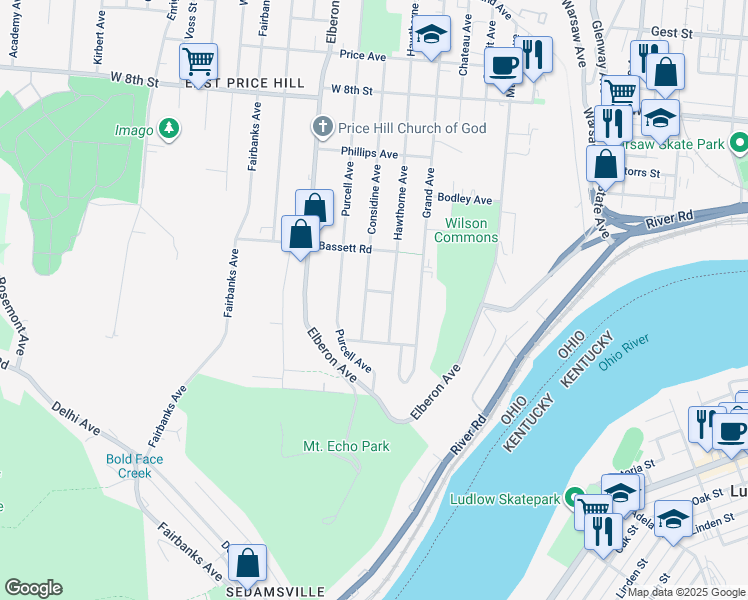map of restaurants, bars, coffee shops, grocery stores, and more near 436 Considine Avenue in Cincinnati