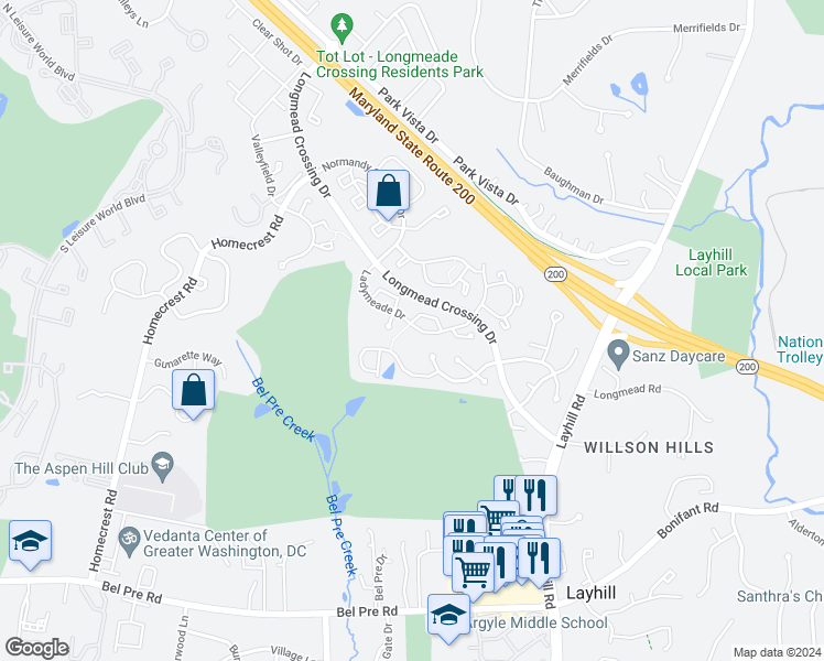 map of restaurants, bars, coffee shops, grocery stores, and more near 2338 Ladymeade Drive in Silver Spring