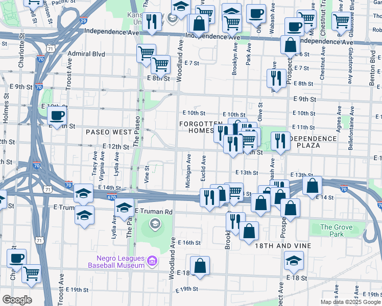 map of restaurants, bars, coffee shops, grocery stores, and more near 1205 Michigan Avenue in Kansas City