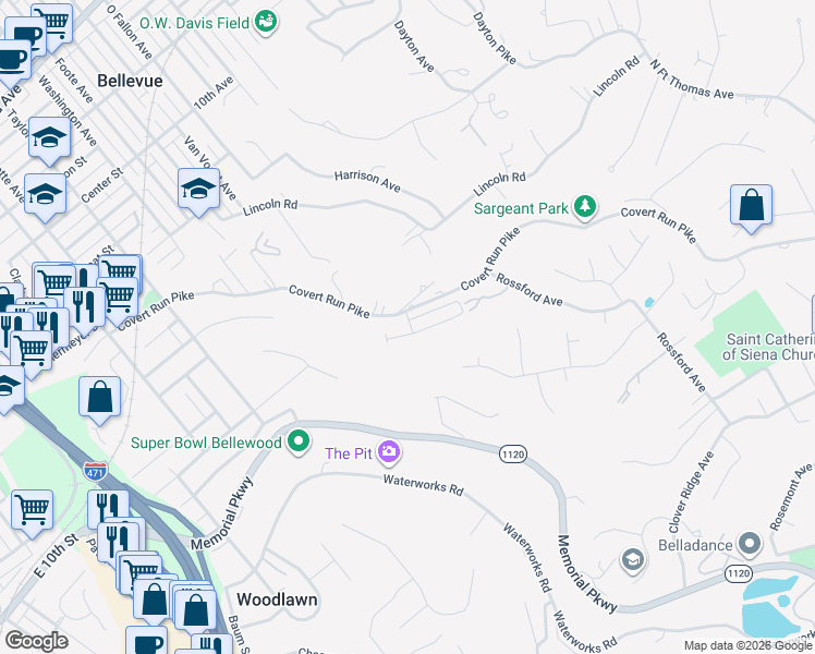 map of restaurants, bars, coffee shops, grocery stores, and more near 724 Covert Run Pike in Bellevue