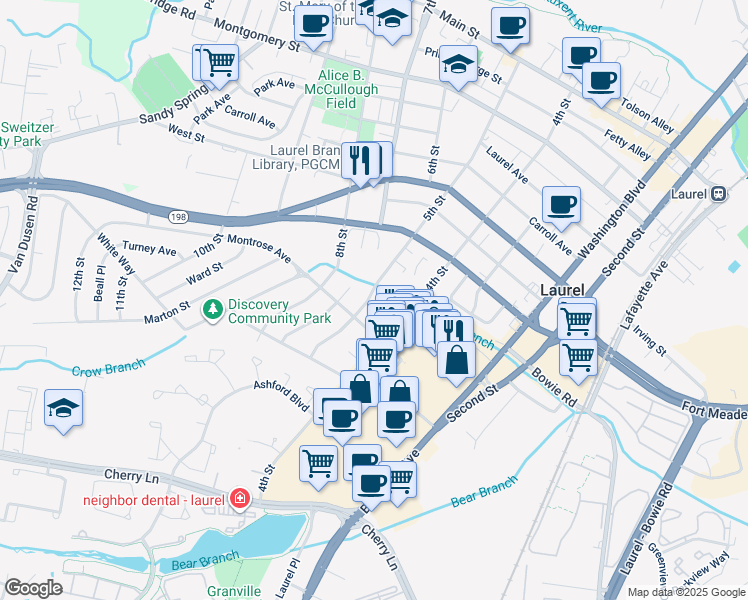 map of restaurants, bars, coffee shops, grocery stores, and more near 920 5th Street in Laurel