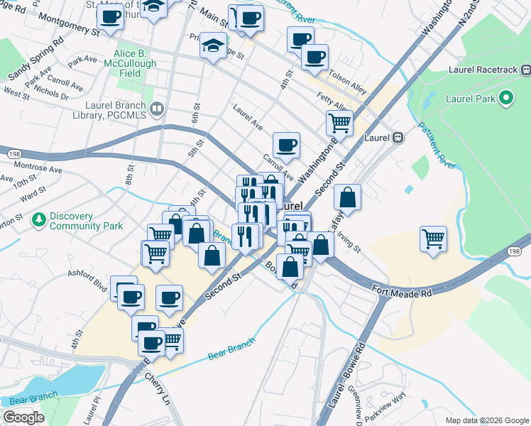 map of restaurants, bars, coffee shops, grocery stores, and more near 302 Compton Avenue in Laurel