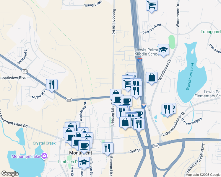 map of restaurants, bars, coffee shops, grocery stores, and more near 756 Century Place in Monument