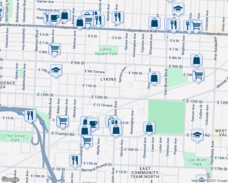 map of restaurants, bars, coffee shops, grocery stores, and more near 1110 Jackson Court in Kansas City
