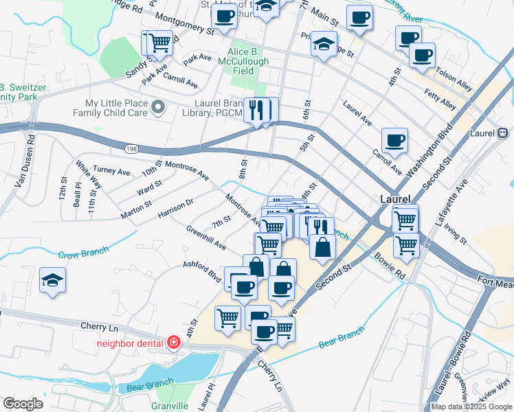 map of restaurants, bars, coffee shops, grocery stores, and more near 925 5th Street in Laurel