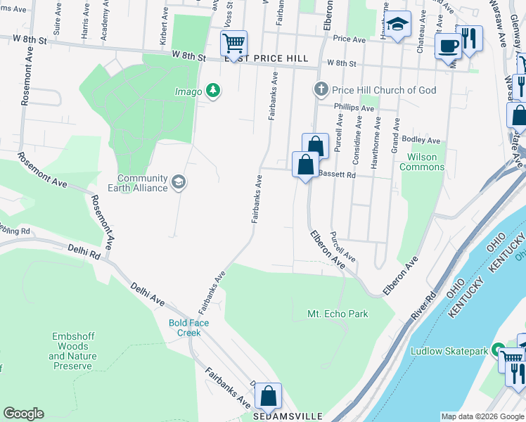 map of restaurants, bars, coffee shops, grocery stores, and more near 514 Fairbanks Avenue in Cincinnati