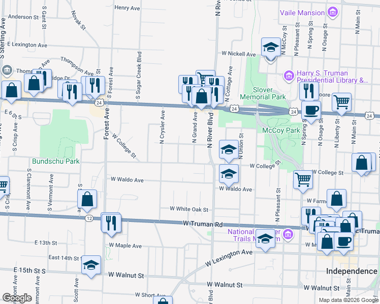 map of restaurants, bars, coffee shops, grocery stores, and more near 717 North Willis Avenue in Independence