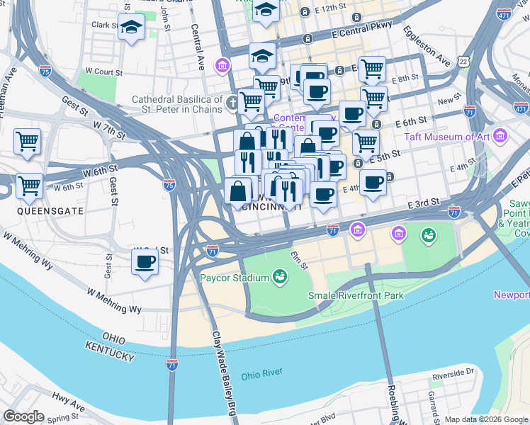 map of restaurants, bars, coffee shops, grocery stores, and more near 231 West 4th Street in Cincinnati