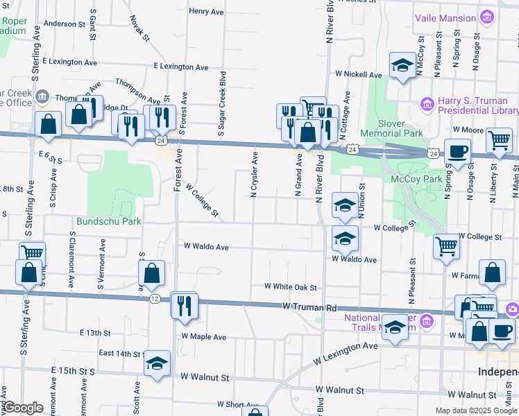 map of restaurants, bars, coffee shops, grocery stores, and more near 717 N Crysler Ave in Independence