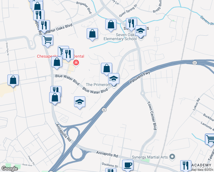 map of restaurants, bars, coffee shops, grocery stores, and more near 2013 Bell Point Court in Odenton