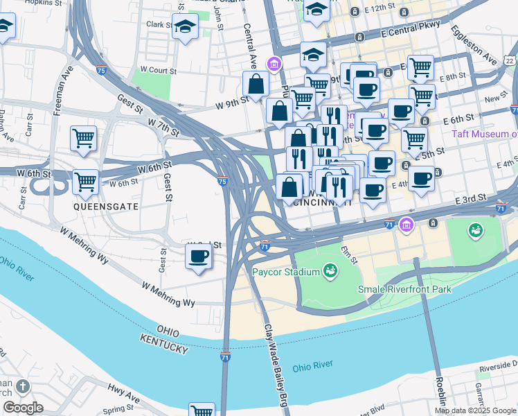 map of restaurants, bars, coffee shops, grocery stores, and more near 403 West 4th Street in Cincinnati