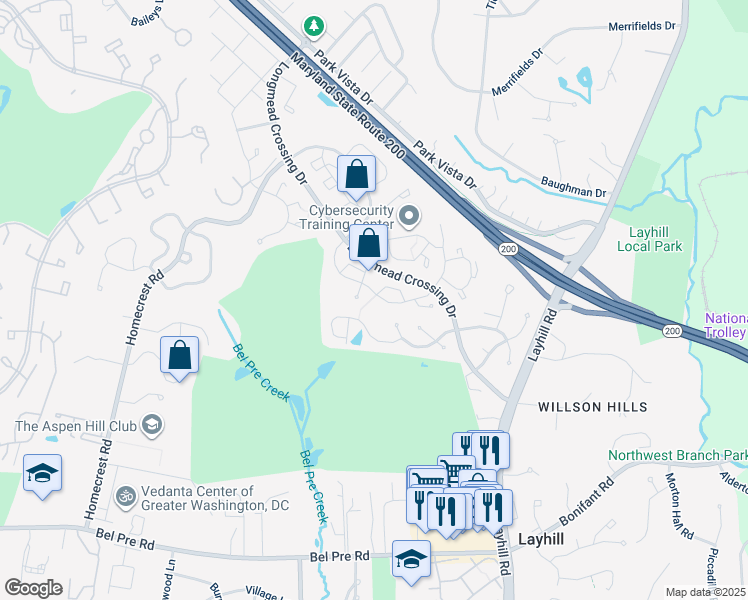map of restaurants, bars, coffee shops, grocery stores, and more near 2340 Ladymeade Drive in Silver Spring