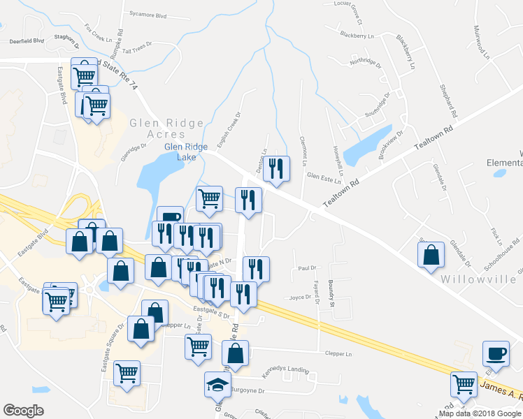 map of restaurants, bars, coffee shops, grocery stores, and more near 4498 Timber Glenn Drive in Batavia