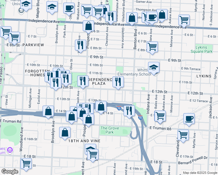 map of restaurants, bars, coffee shops, grocery stores, and more near 2824 East 12th Street in Kansas City
