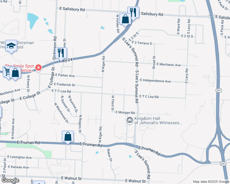 map of restaurants, bars, coffee shops, grocery stores, and more near 1702 East T C Lea Road in Independence