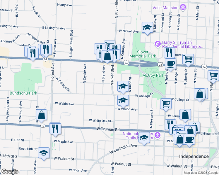 map of restaurants, bars, coffee shops, grocery stores, and more near 720 North River Boulevard in Independence