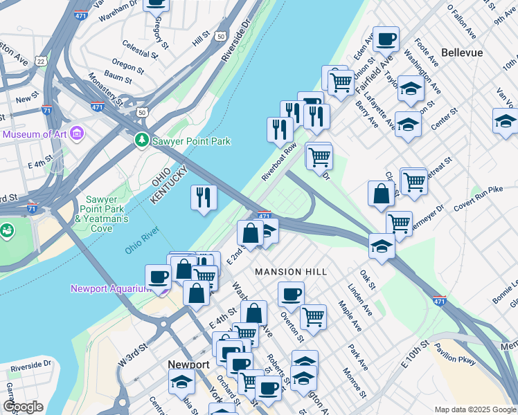 map of restaurants, bars, coffee shops, grocery stores, and more near 512 Riverside Drive in Newport