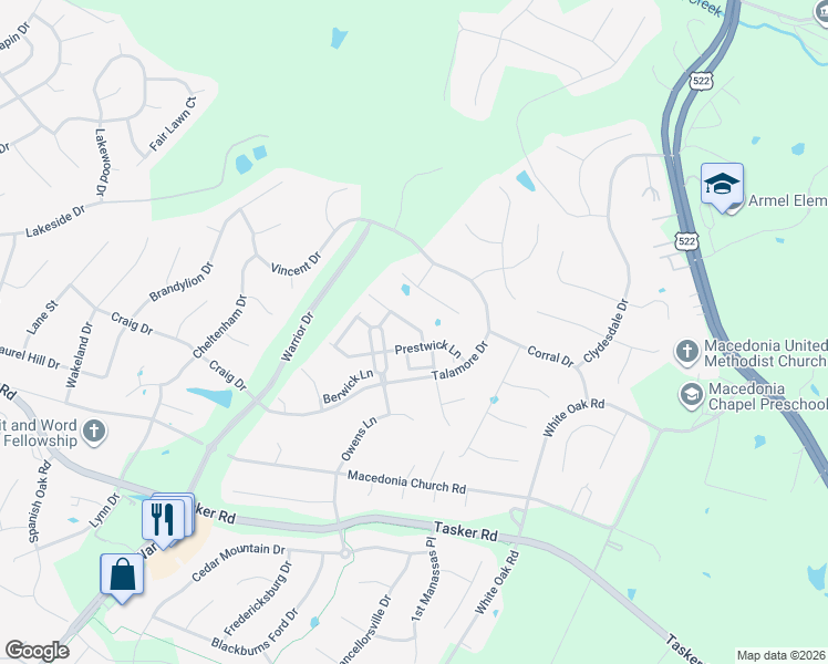 map of restaurants, bars, coffee shops, grocery stores, and more near 205 Kintyre Lane in Stephens City