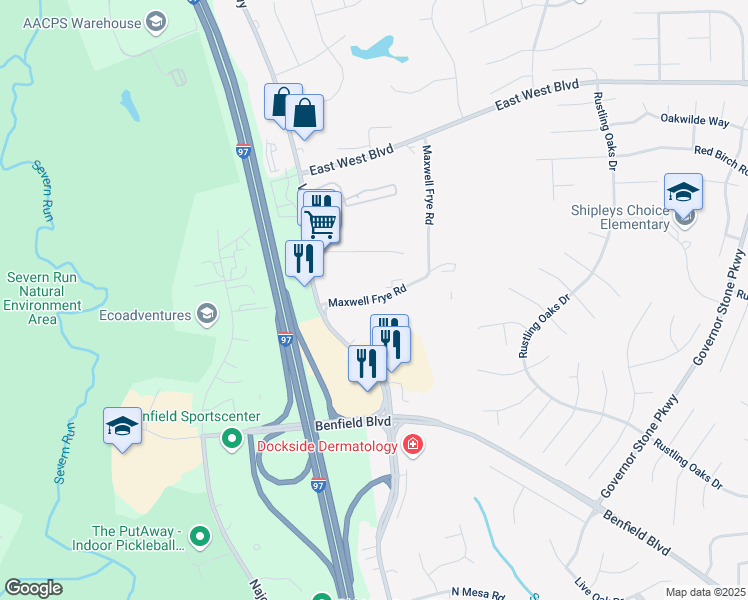 map of restaurants, bars, coffee shops, grocery stores, and more near 437 Maxwell Frye Road in Millersville
